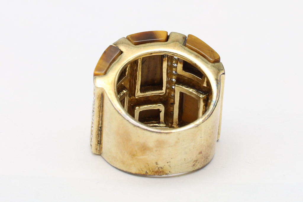 PalmBeach Jewelry 0.46 TCW Emerald Cut Genuine Tiger's Eye Cubic Zirconia Accent Yellow Gold-Plated Band Ring Size 4 1/2