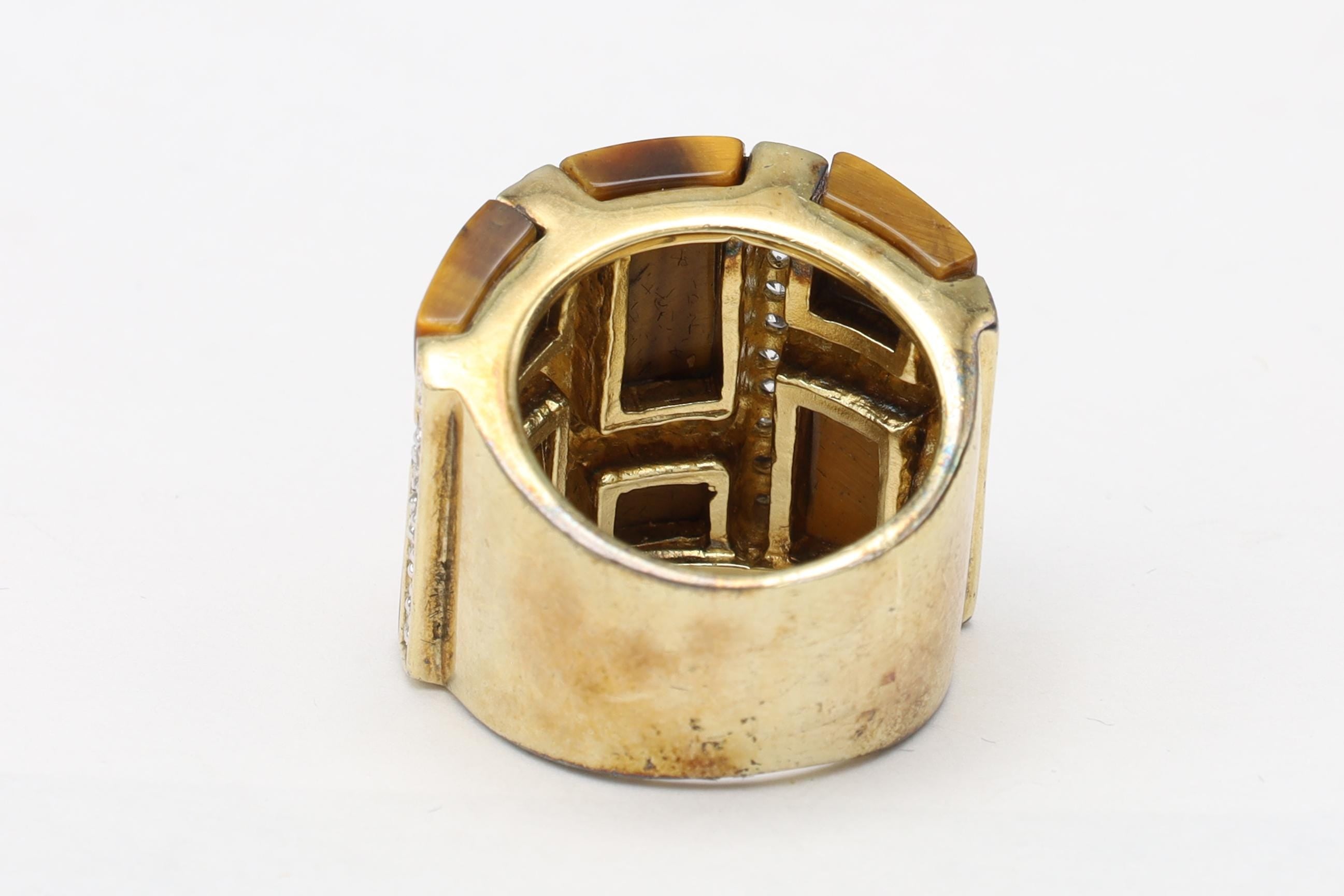 PalmBeach Jewelry 0.46 TCW Emerald Cut Genuine Tiger's Eye Cubic Zirconia Accent Yellow Gold-Plated Band Ring Size 4 1/2