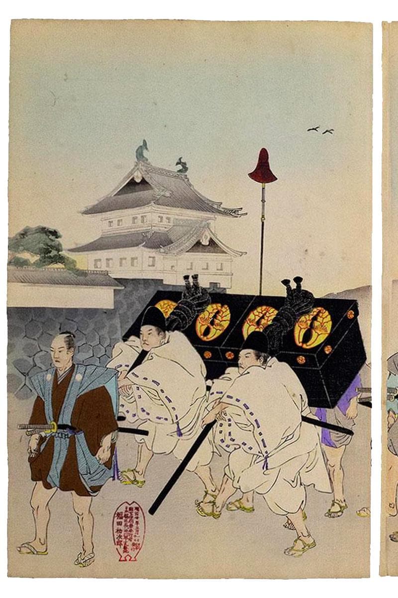 Chiyodo Outer Palace At Edo Castle, Meiji Japan Woodblock Ukiyo-e Art By Chikanobu Yoshu Triptych Art, Asian Oriental Arts