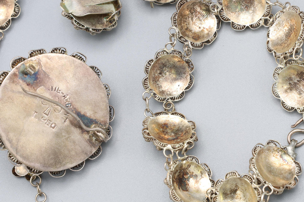 Art Deco Parure Jewelry Set Made With 950 Sterling Silver In Mexico, Cannetille Etruscan Flowers Pattern, Handmade Fashion Accessories