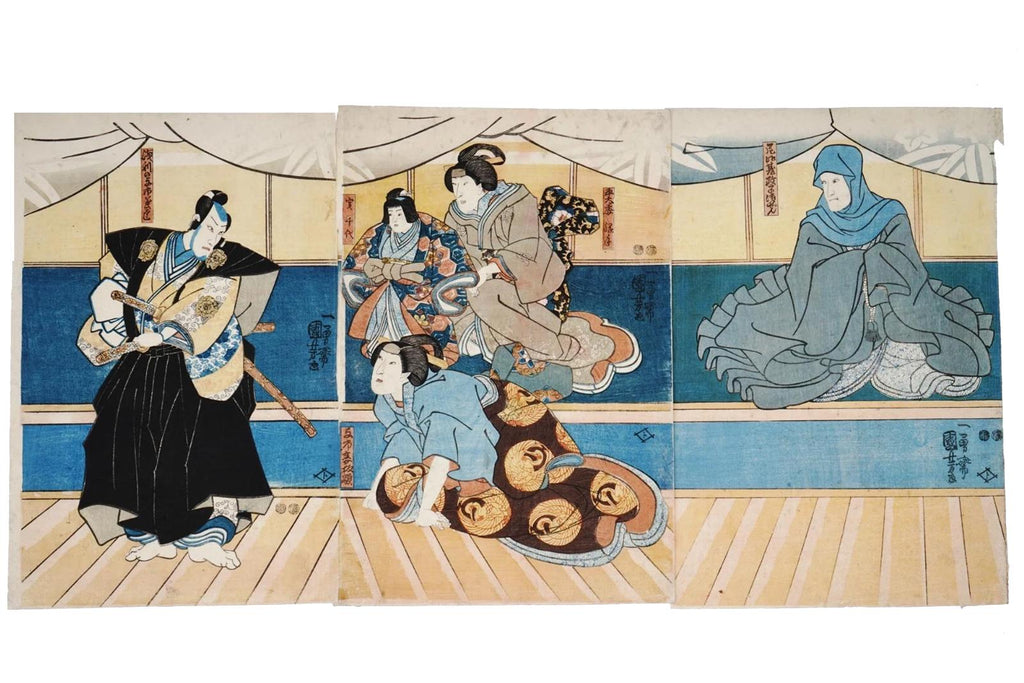 Kuniyoshi Utagawa, Japanese Edo Period, Original Antique Ukiyo-e Woodblock Print 1852, Asian Oriental Art, Kabuki Play Illustration