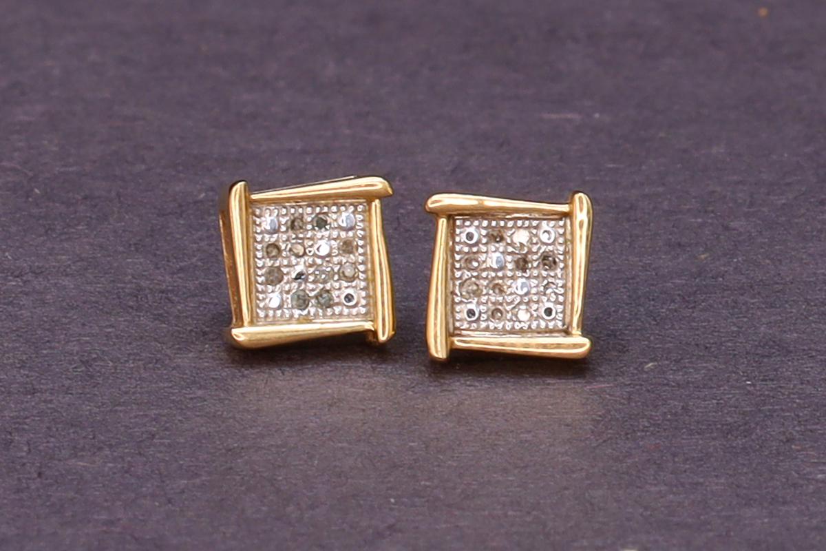 White Diamonds Grid, Small Baby Stud Earrings, Made Out With 10 Karats Yellow Gold And 32 Gemstones, Womens And Children Gold Jewelry