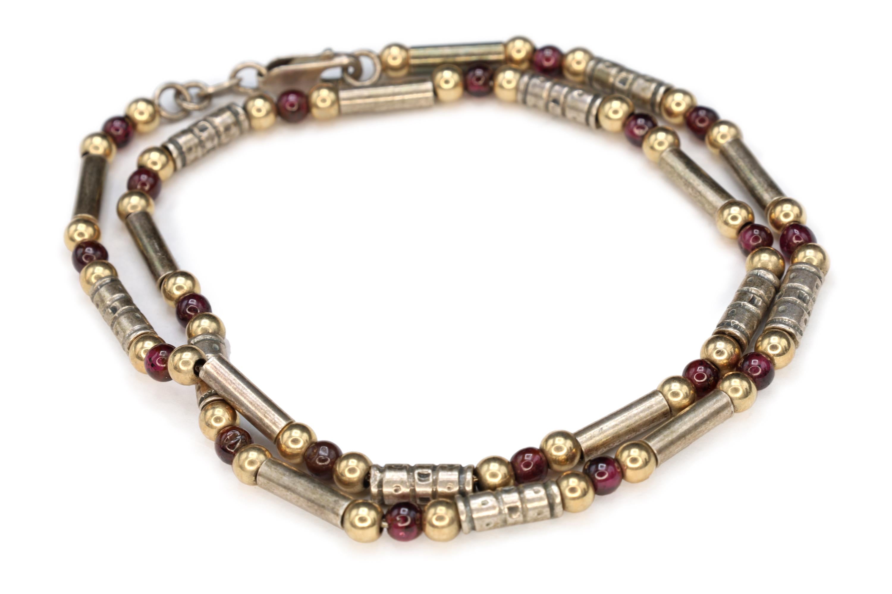 Modernist Bar Ball Chain Necklace, 925 Sterling Silver, Gold Wash And Pink Red Garnet, 16 inches Length Specialty Chain, Fashion Link Collar