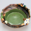 Antique Early 20th Century Japanese Sumida Gawa Drip Pottery Bowl. A Tall Dark Brown Ashtray With 3 Applied Figurines Of Men, Taisho Era
