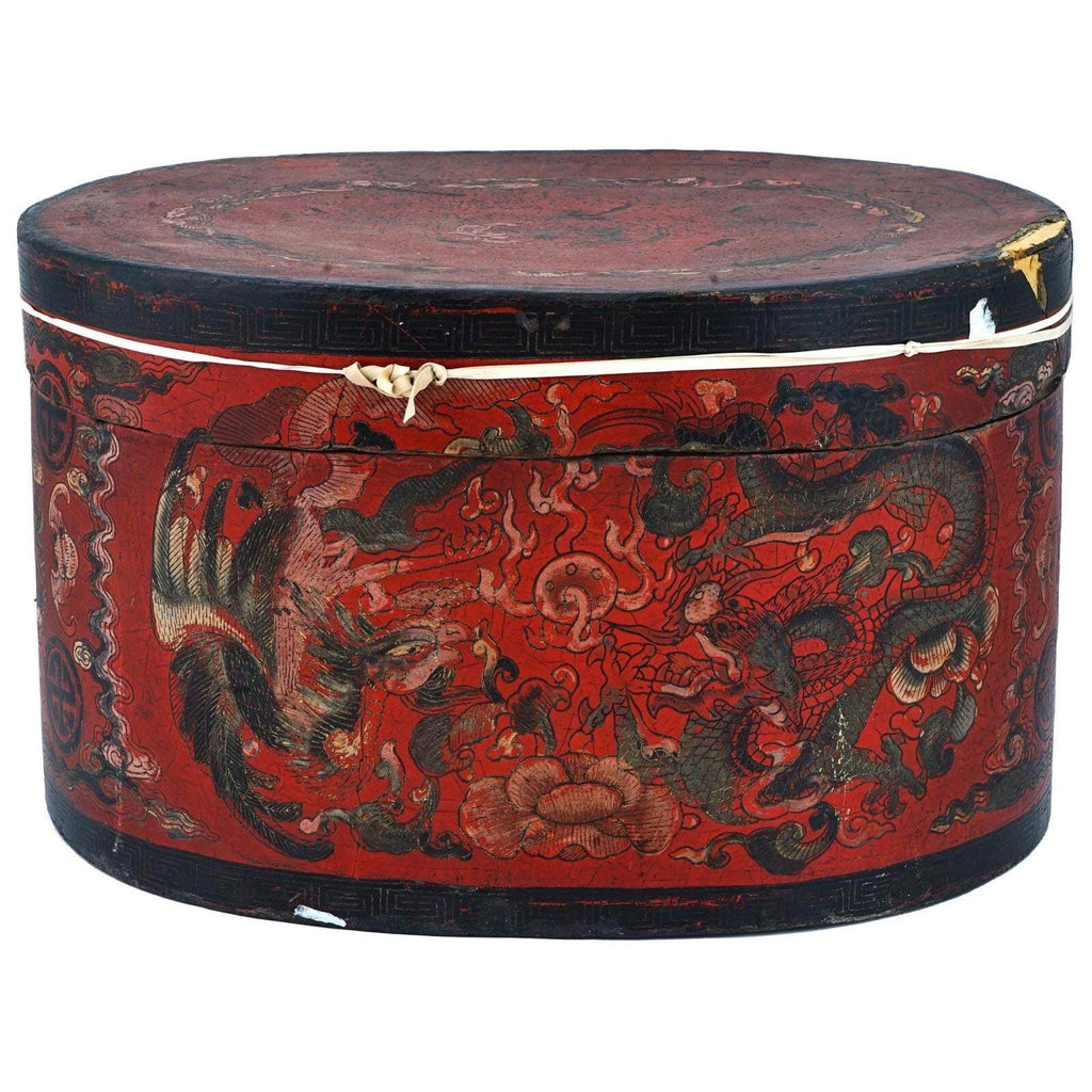 Antique Chinese Red Lacquer Lidded Hat Box, Large Size, Late Qing Dynasty 1890s Storage Case With Lid On Top, Dry Food Nuts Container
