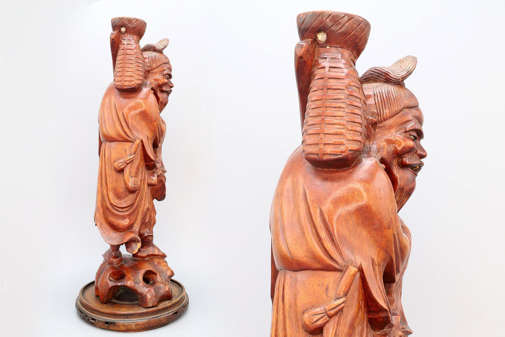 Antique 1910s Japanese Carved Wood Figure Of God Ebisu. Statuette Of An Old Man With Fish And Basket, Oriental Folk Arts And Crafts