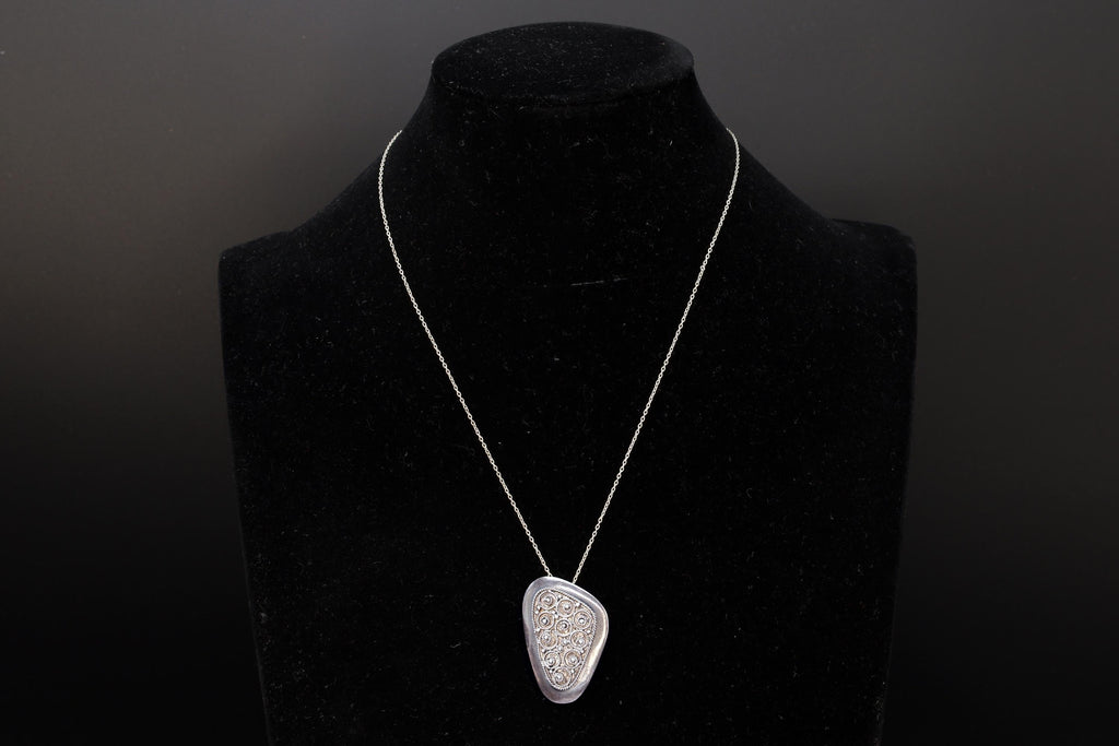 Vintage 1950s Israel Jewelry, 925 Sterling Silver Pendant Necklace, Cannetille Wirework, Middle East Judaica Fashion Accessories
