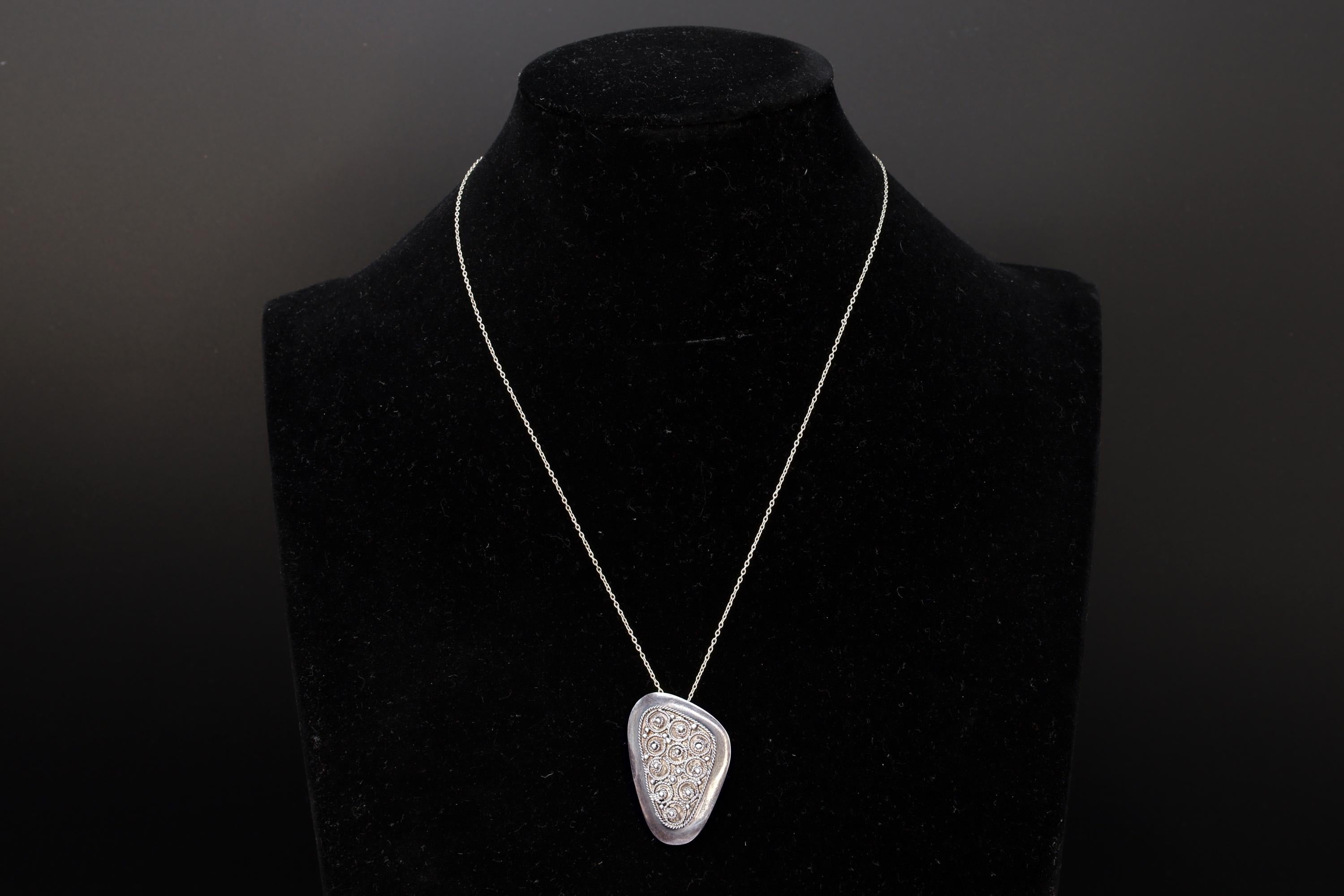 Vintage 1950s Israel Jewelry, 925 Sterling Silver Pendant Necklace, Cannetille Wirework, Middle East Judaica Fashion Accessories