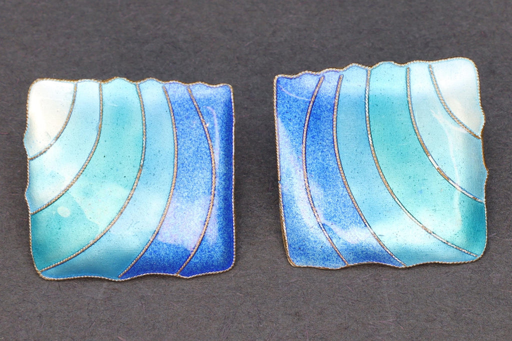 Sea Water Blue Enamel And Gold Gilt Sterling Silver Earrings, Large Square Studs, Vintage 1980s Womens Jewelry, Retro Fashion Accessories