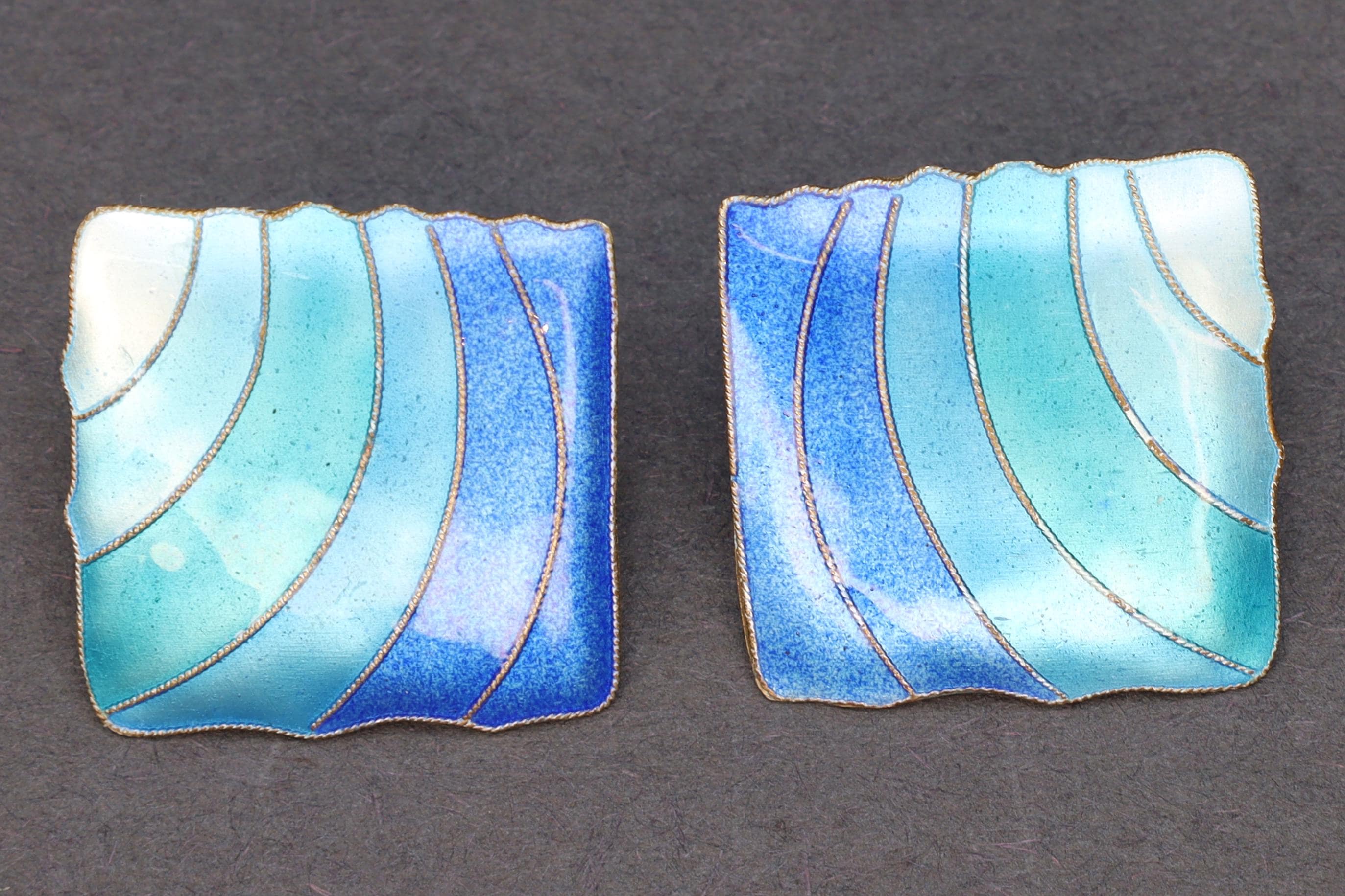 Sea Water Blue Enamel And Gold Gilt Sterling Silver Earrings, Large Square Studs, Vintage 1980s Womens Jewelry, Retro Fashion Accessories