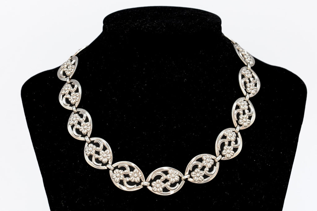 Panel Necklace With Flowers By Sterling WRE Richards, A Vintage 1950s American Jewelry, Oval Cut Out Links, Retro Fashion Accessories