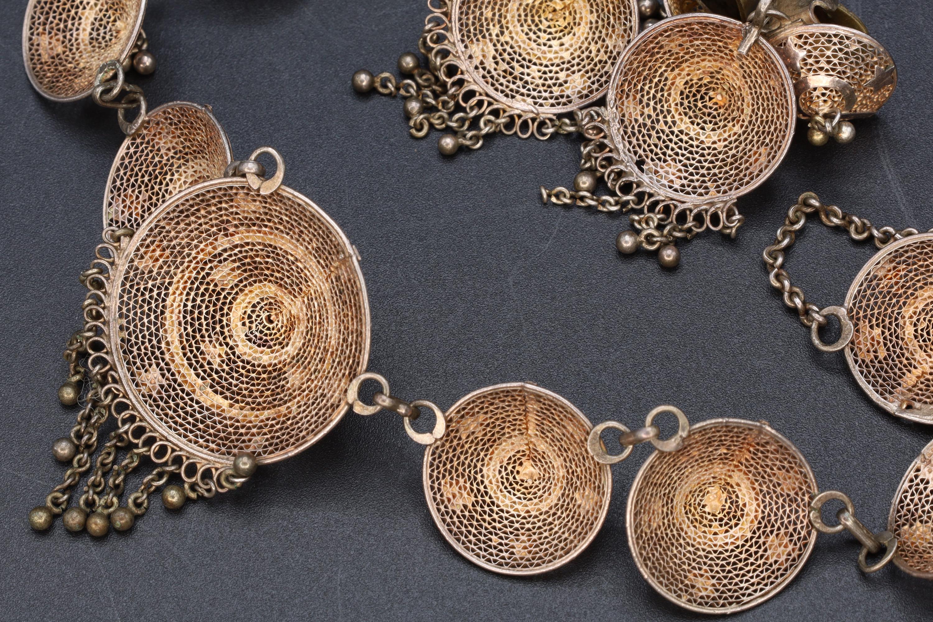 Art Deco Jewelry Set, Bib Panel Necklace With Dangling Fringes And Earrings. 900 Silver Filigree And Rose Gold Wash. Portugal Ca 1940s