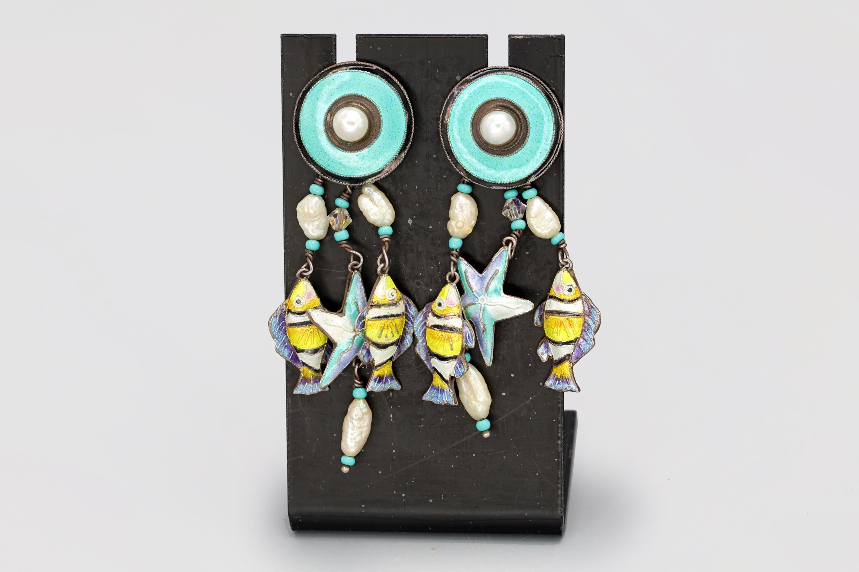Rare, Vintage 1980s Nautical Sea Life Dangle Earrings, Enameled Sterling And Pearls, Retro Jewelry