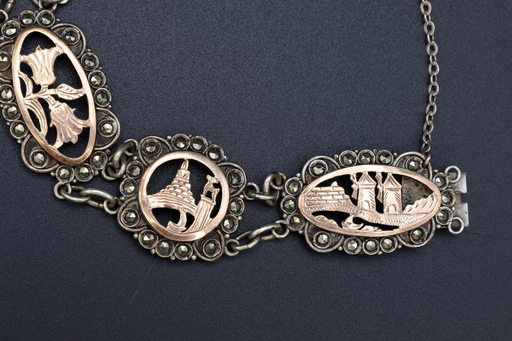 Art Deco Panel Bracelet, 900 Silver And Rose Gold. Greek Jewelry From The Mid Century, Landmarks Of Greece And Aegean Islands, Marcasite