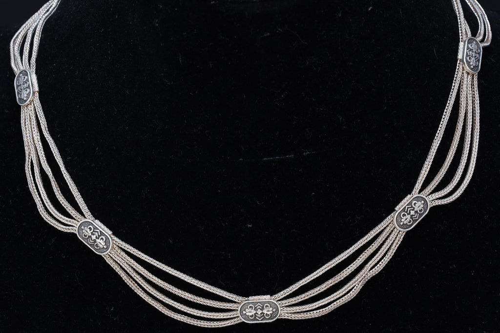 Turkish Ottoman Style Necklace, Multi Strand 925 Silver Wheat Chain, Niello Station Accents, Vintage Islamic And Caucasus Folk Jewelry