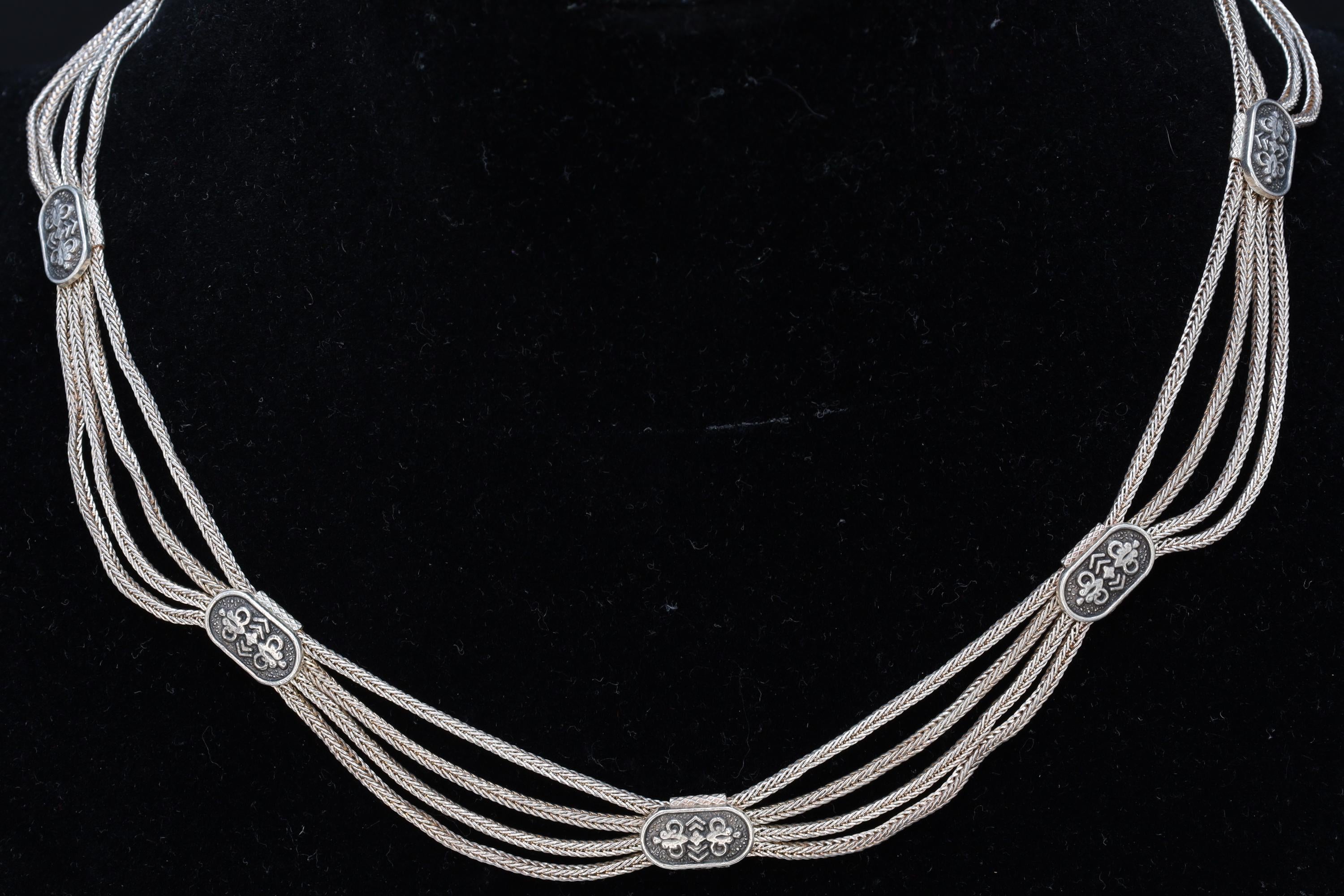Turkish Ottoman Style Necklace, Multi Strand 925 Silver Wheat Chain, Niello Station Accents, Vintage Islamic And Caucasus Folk Jewelry