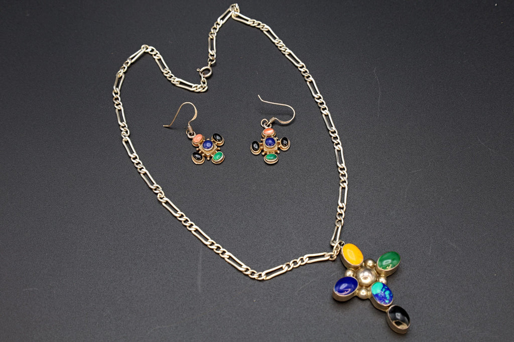Multi Color Gemstones Jewelry Set, Modernist Cross Pendant Necklace And Dangle Earrings, Sterling Silver, Southwestern Fashion Accessories