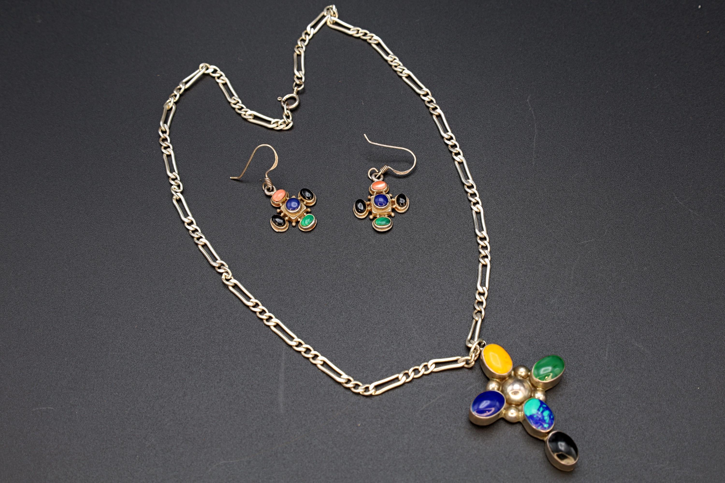 Multi Color Gemstones Jewelry Set, Modernist Cross Pendant Necklace And Dangle Earrings, Sterling Silver, Southwestern Fashion Accessories