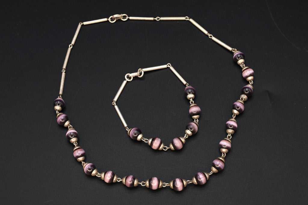Purple Cats Eye Glass Necklace And Bracelet, 925 Sterling Silver And Round Cap End Capsule Link, Modernist Jewelry Set