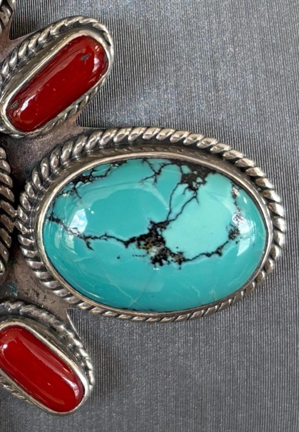 Native American Large Cross Pendant By DEAN BROWN, Signed Sterling Silver With Natural Blue Turquoise And Red Coral