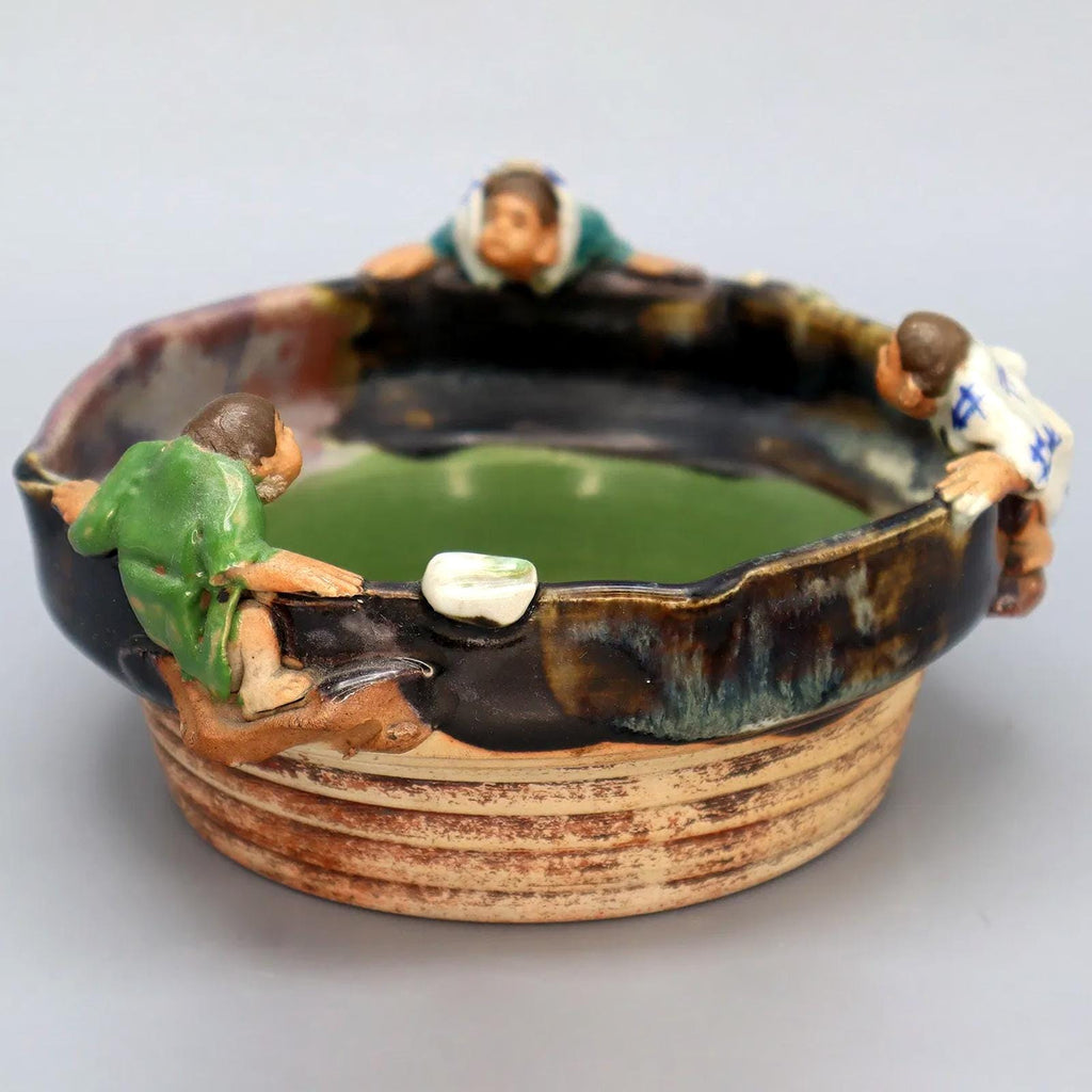 Antique Early 20th Century Japanese Sumida Gawa Drip Pottery Bowl. A Tall Dark Brown Ashtray With 3 Applied Figurines Of Men, Taisho Era