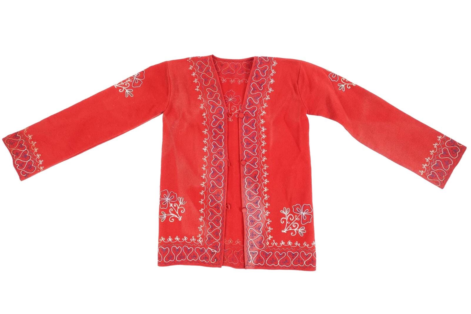 Traditional Central Asia Jacket, Red And Embroidered Floral Details, Baluchi Or Kerman, Early 20th Century Ethnic Clothes