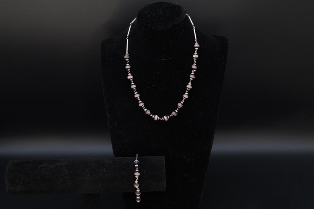 Purple Cats Eye Glass Necklace And Bracelet, 925 Sterling Silver And Round Cap End Capsule Link, Modernist Jewelry Set