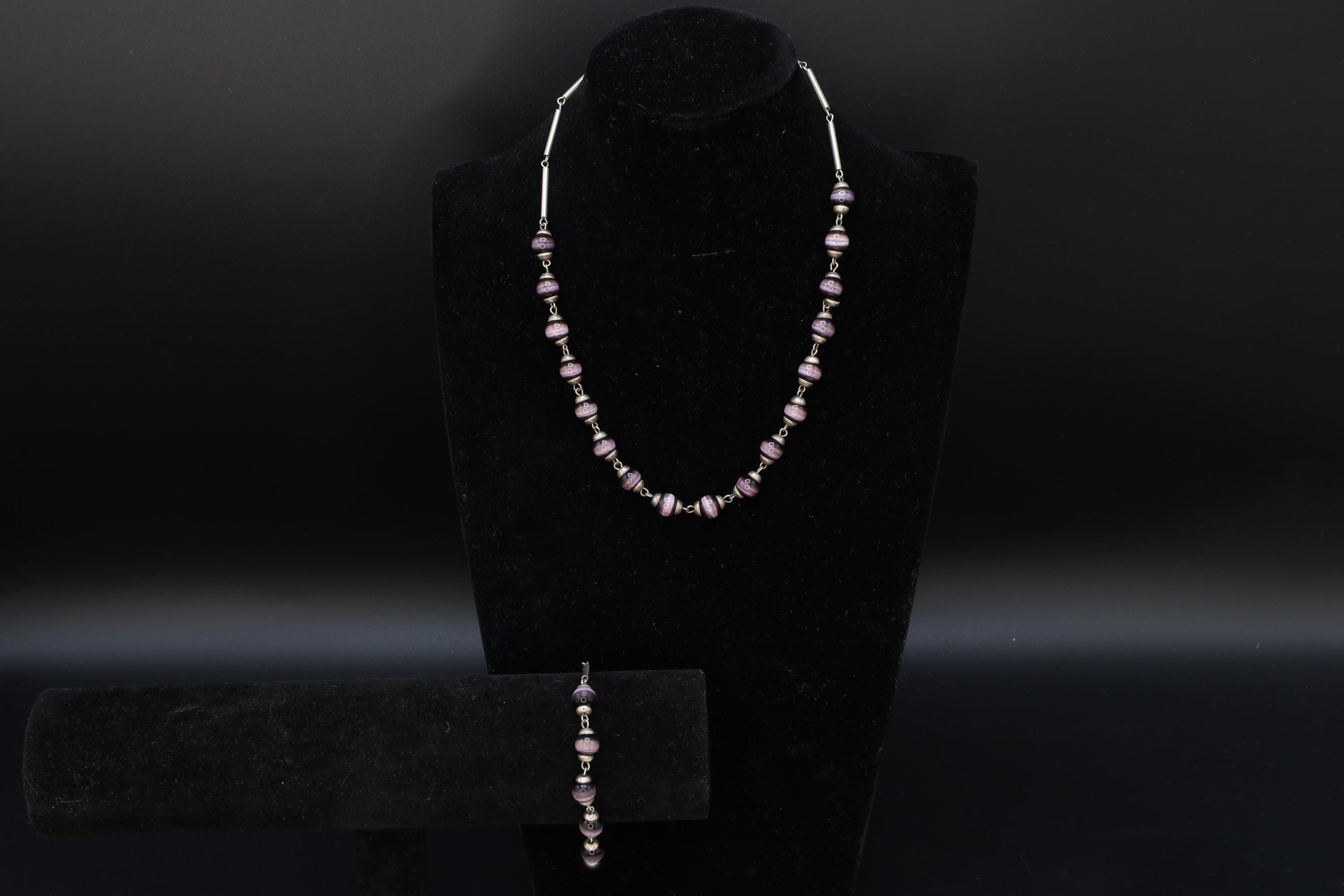 Purple Cats Eye Glass Necklace And Bracelet, 925 Sterling Silver And Round Cap End Capsule Link, Modernist Jewelry Set