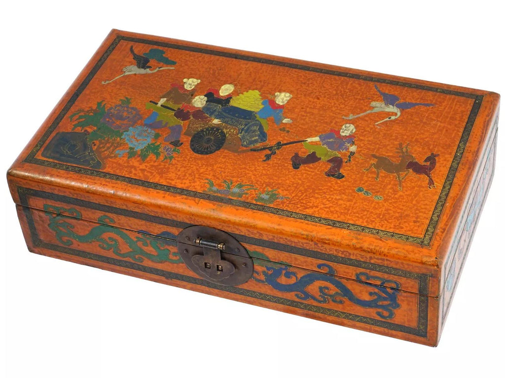 Antique Early 20th Century, Chinese Republic Period, Lacquered Wooden Jewelry Box Adorned With Good Luck Children Figures On The Cover