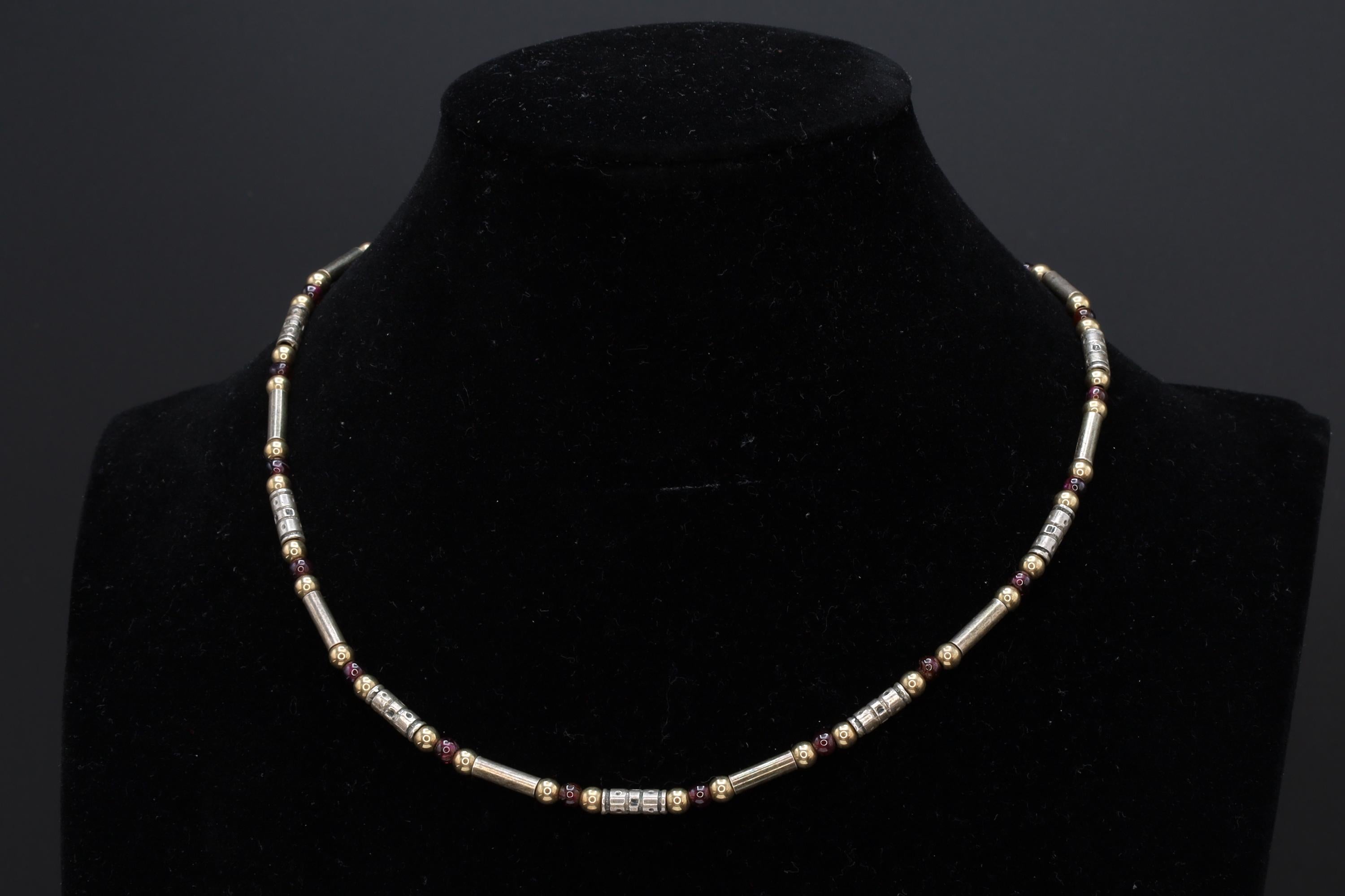 Modernist Bar Ball Chain Necklace, 925 Sterling Silver, Gold Wash And Pink Red Garnet, 16 inches Length Specialty Chain, Fashion Link Collar
