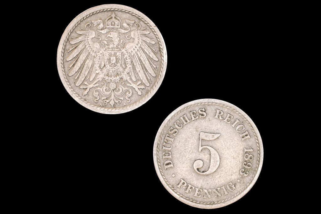 1893 Coinage Of A 5 Pfennigs Coin Under Kaiser Wilhelm II, Berlin Type 2 With Small Shield, Copper Nickel Medal Alignment, Currency Mark