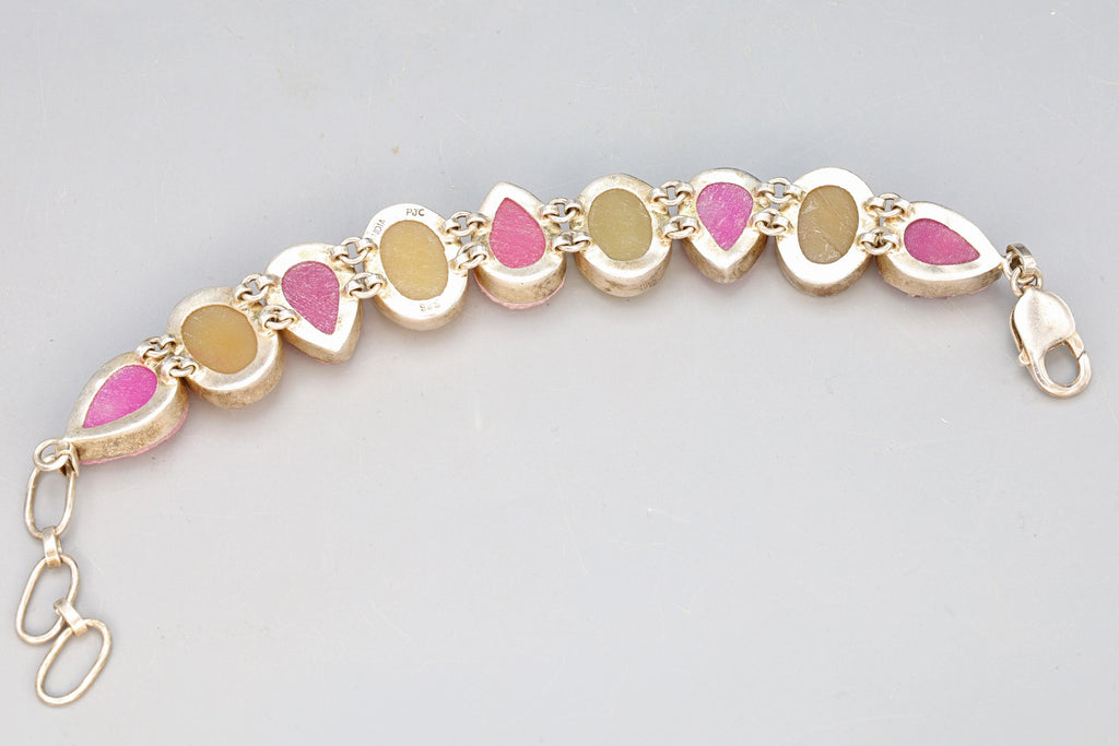 Vintage Multistone Panel Link Bracelet With Pink And Tan Druzy Quartz, Sterling Silver Jewelry For Women, Sparkling Stones