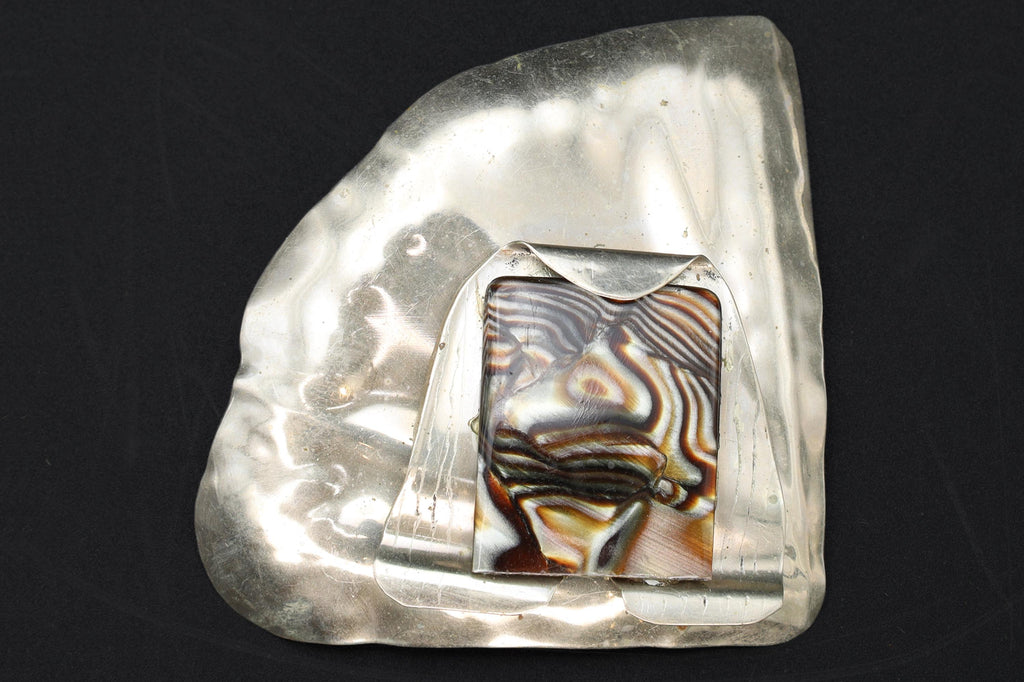 1980s Brutalist Jewelry By Llan & Berry, Hand Signed, A Large Brooch Pin Sterling Silver And Abalone Shell. American Artisan From California