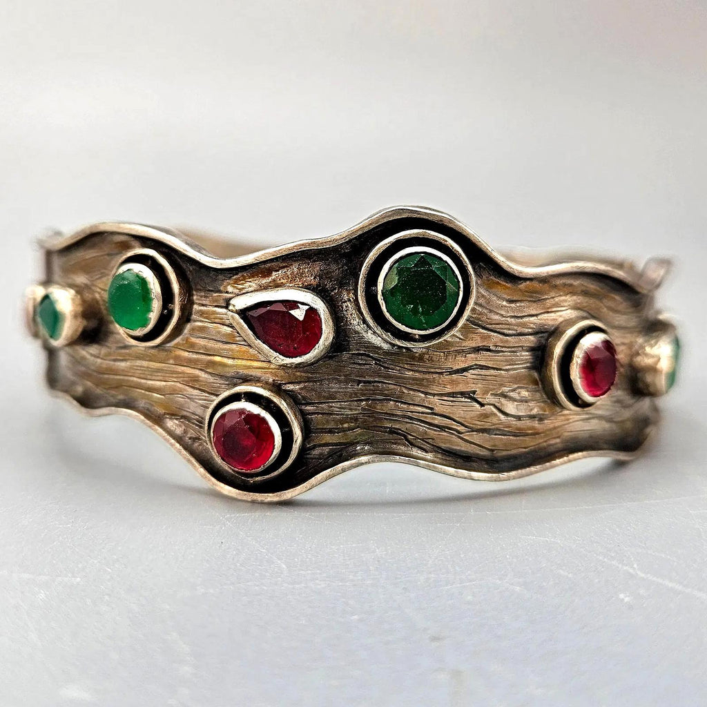 Vintage 1960s Hinged Panel Bracelet, Sterling Silver And Rubies And Emeralds, Custom Made As A Wedding Gift, London UK. Length 8 inches