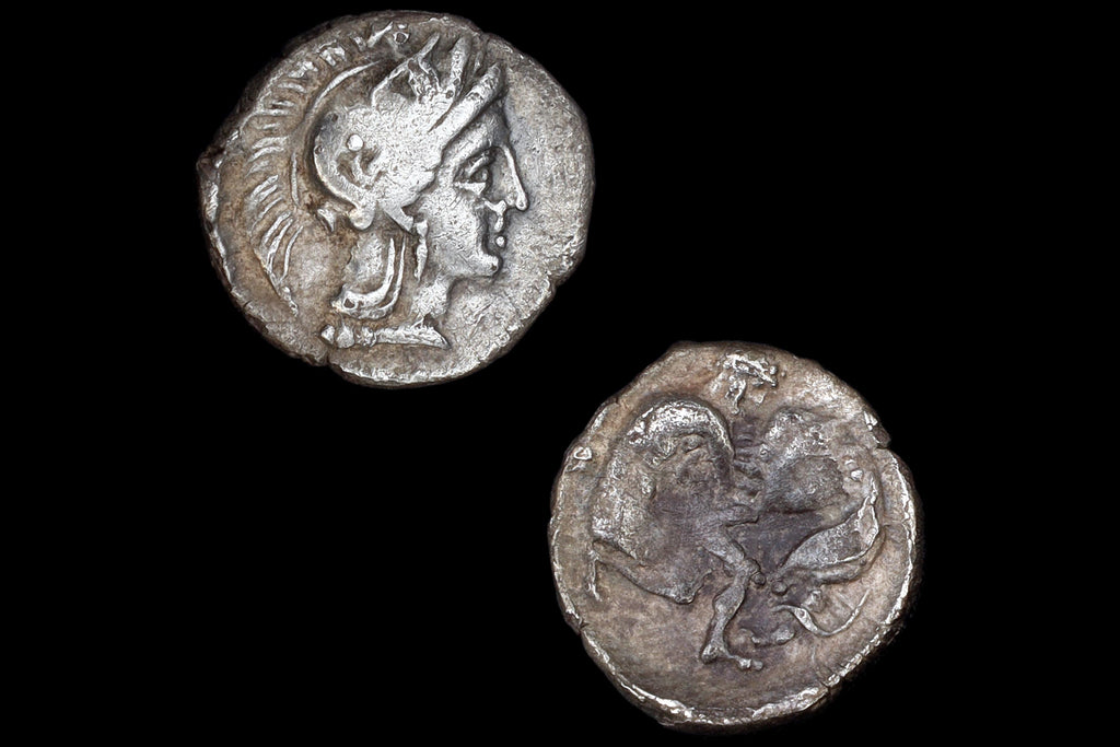 Ancient Tarentum, Calabria 325 To 280 BCE Silver Diobol Coin, Head Of Goddess Athena And Heracles With Lion, Collectibles And Numismatics
