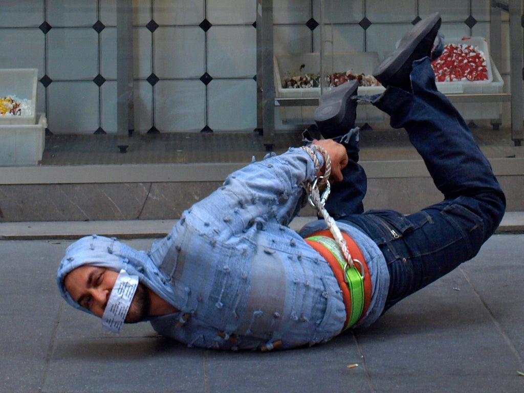Funny Weird Street Art Performance, Calle Fuencarral Madrid Spain, Contemporary Conceptual Photography, Self Portrait As A Struggling Worker