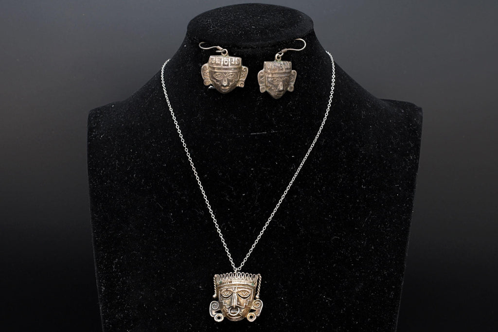 Vintage 1940s Jewelry Set, Neo Aztec Pendant Necklace And Dangle Earrings, Art Deco Pre-Columbian Designs, Mexican 925 Sterling Silver