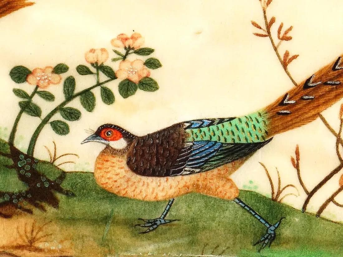 Antique 19th Century Imperial China Qing Dynasty Artwork, Pheasants Birds In A Garden, Painting In Rice Paper, Oriental Art Collectibles