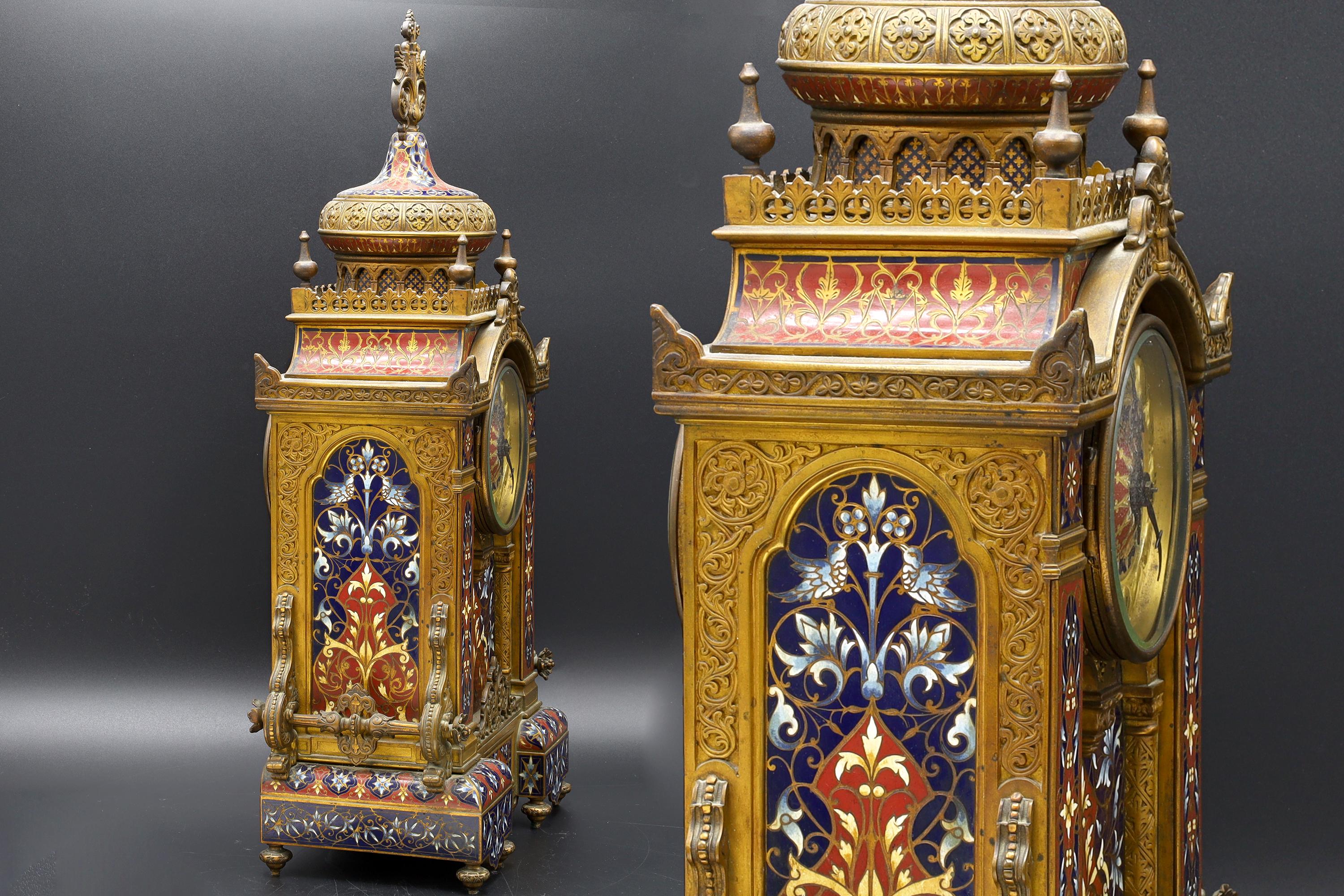 Late 19th Century, Clock And Candelabra Set Morish Style Retailed By Tiffany's In France, Art Nouveau Set