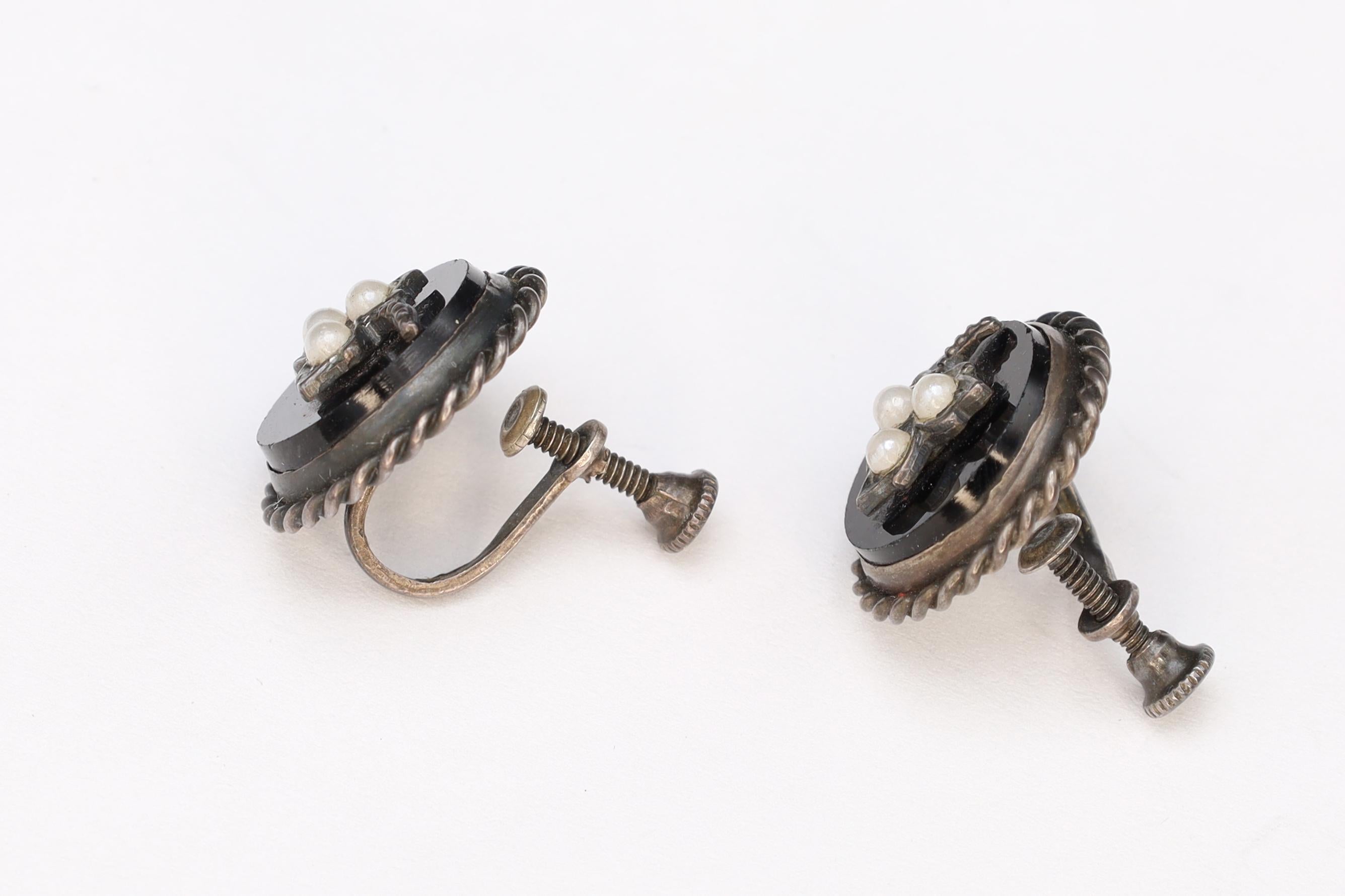 Victorian Era Jewelry, Mourning Screw Back Earrings, Round Black Onyx And Seed Pearls On Sterling Silver Settings, 19th Century Fashion