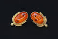 Large Stud Earrings, Gilt 925 Sterling Silver And Amber Resin Cabochon, Modernist Design With Fruit Shape, Retro Fashion Accessories