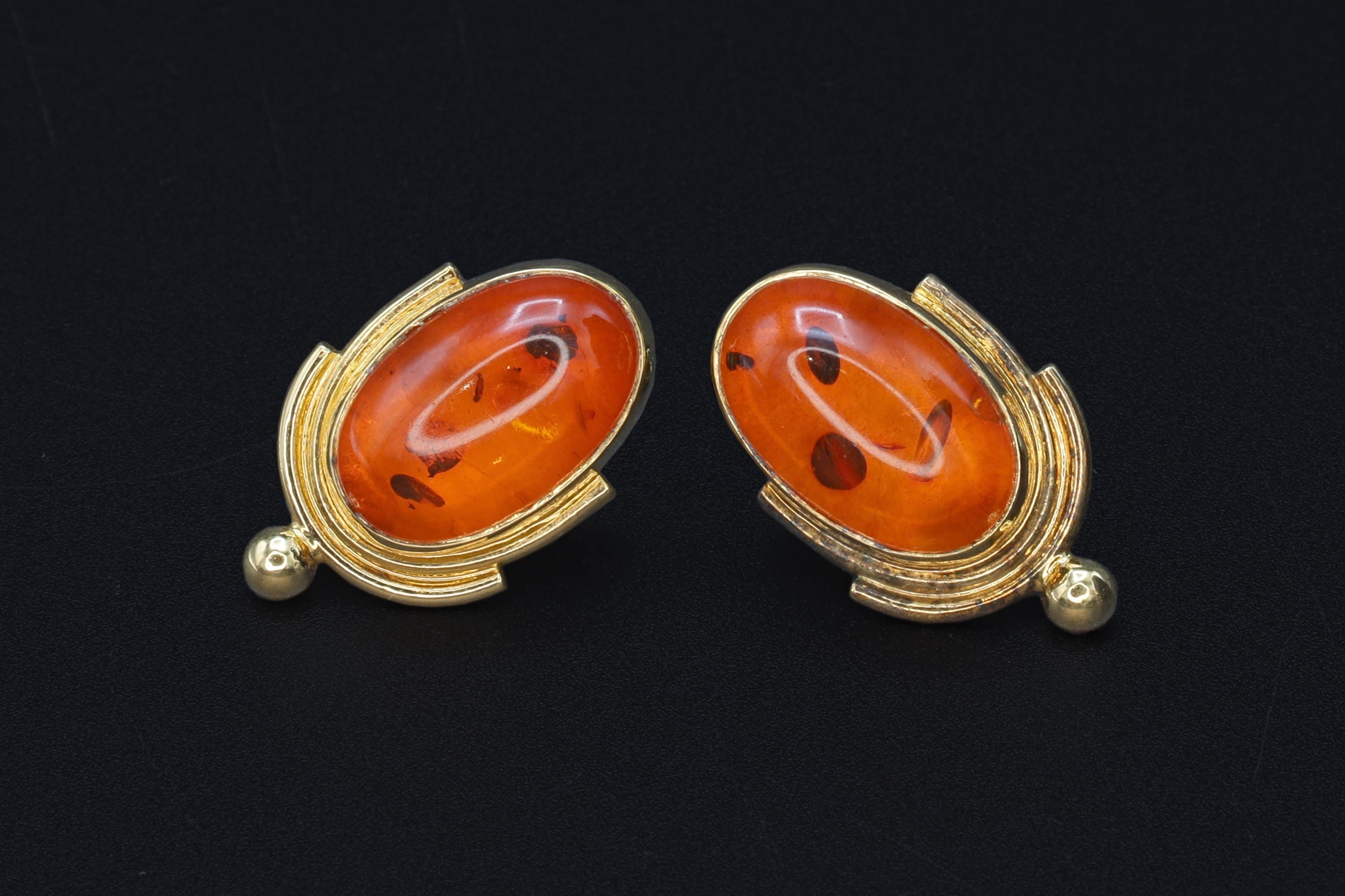 Large Stud Earrings, Gilt 925 Sterling Silver And Amber Resin Cabochon, Modernist Design With Fruit Shape, Retro Fashion Accessories