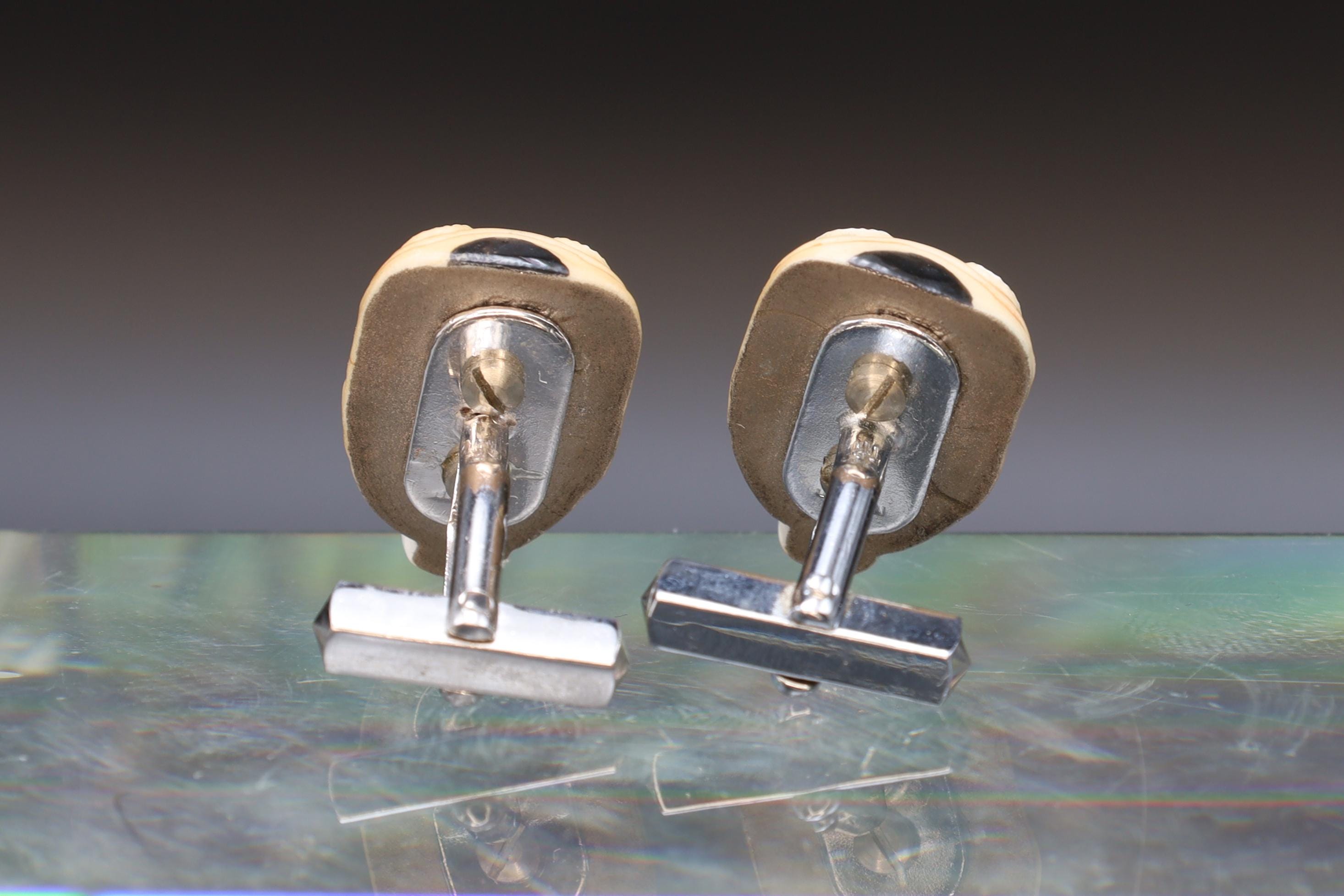 Toshikane Cufflinks, Molded And Painted Porcelain, Okina Noh Theatre From Japan Hakushiki-jo Mask, Happy Old White Man, Fashion Accessories