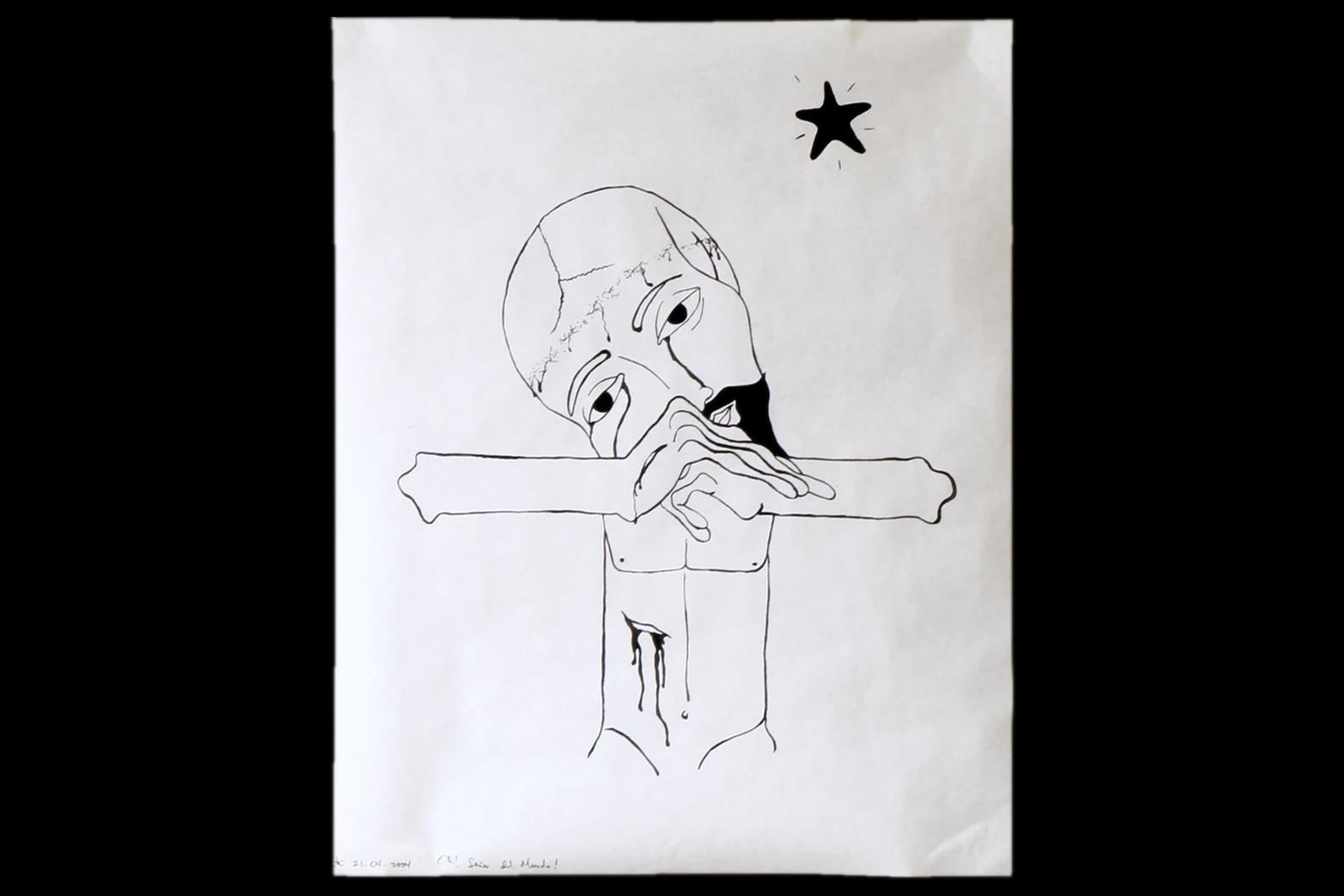 Vir Dolorum, Man Of Sorrows, Black and White Art, Simple Minimalist Lineal Drawings, Acrylic And Pencil Painting, Contemporary Latin Art