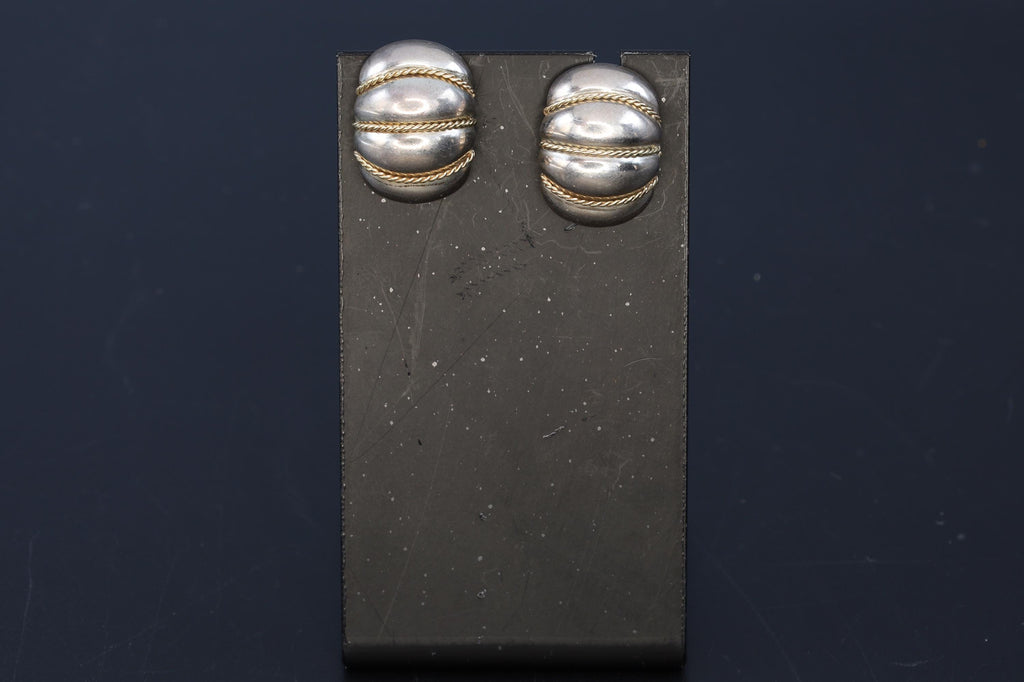 Brutalist Stud Earrings With An Oval Concave Design And Gilt Twisted Rope Accents, Retro 1990s Fashion Accessories, Womens Jewelry