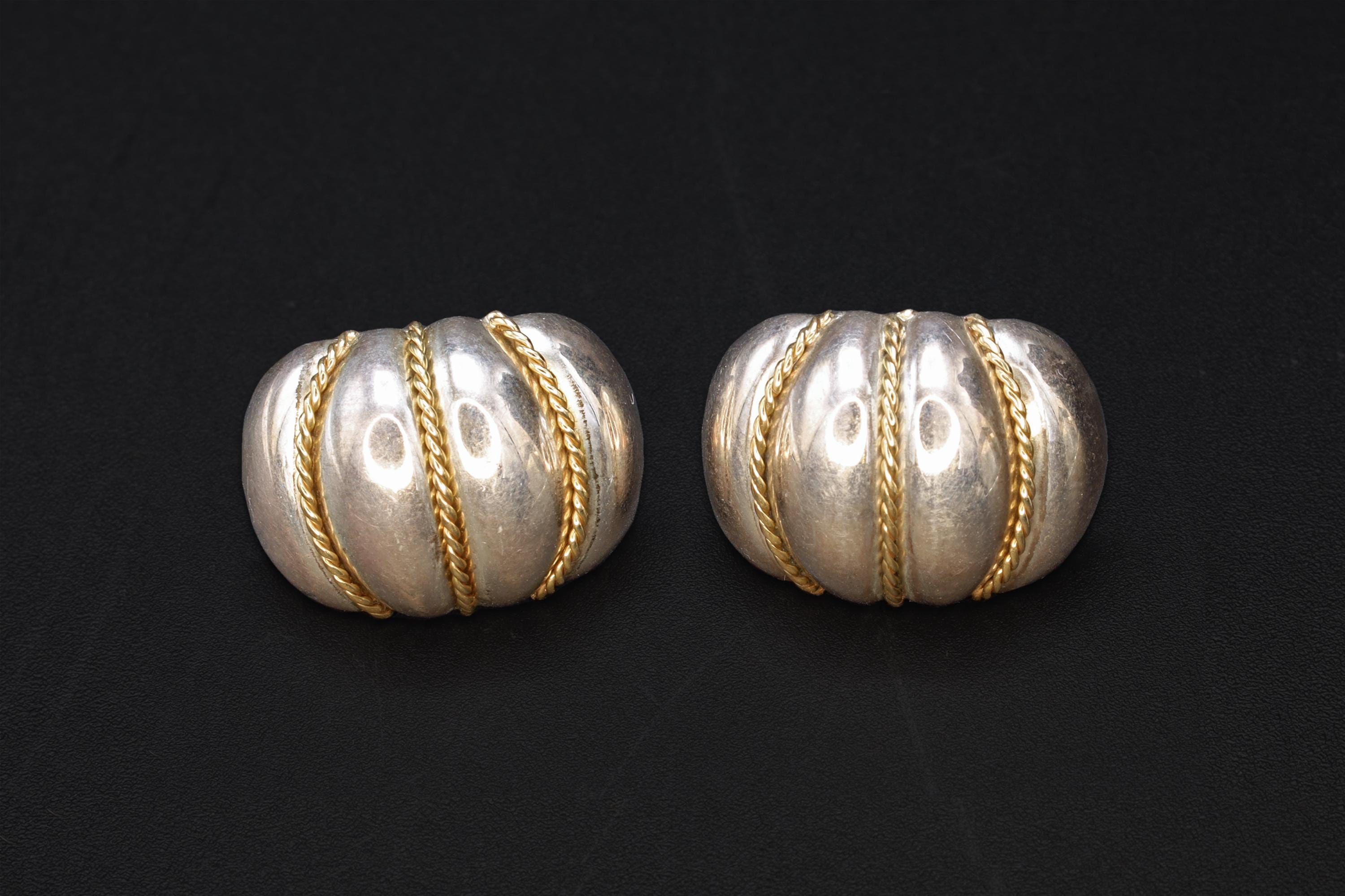 Brutalist Stud Earrings With An Oval Concave Design And Gilt Twisted Rope Accents, Retro 1990s Fashion Accessories, Womens Jewelry