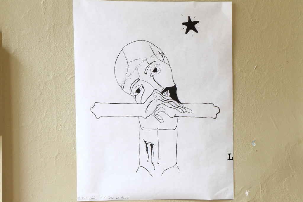 Vir Dolorum, Man Of Sorrows, Black and White Art, Simple Minimalist Lineal Drawings, Acrylic And Pencil Painting, Contemporary Latin Art