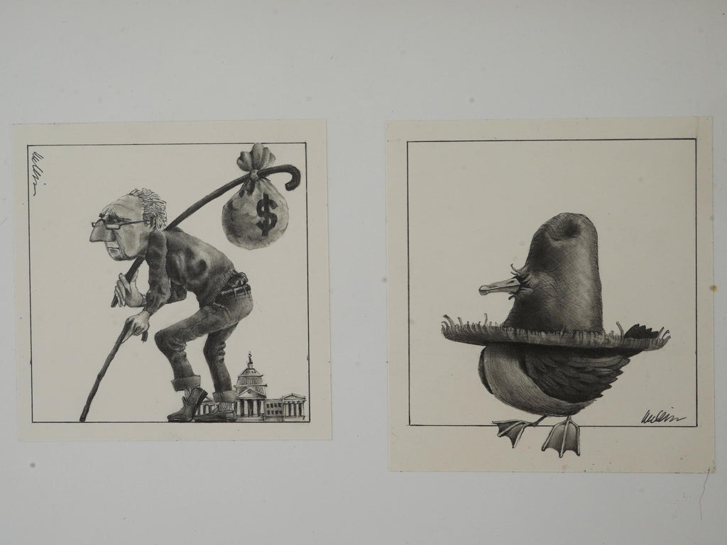 J Michael McGinn, Art Pencil Drawings 1970s, USA Political Caricature, Fortune Magazine, Sheldon Cotler for the Keeping Up, Small Vignettes