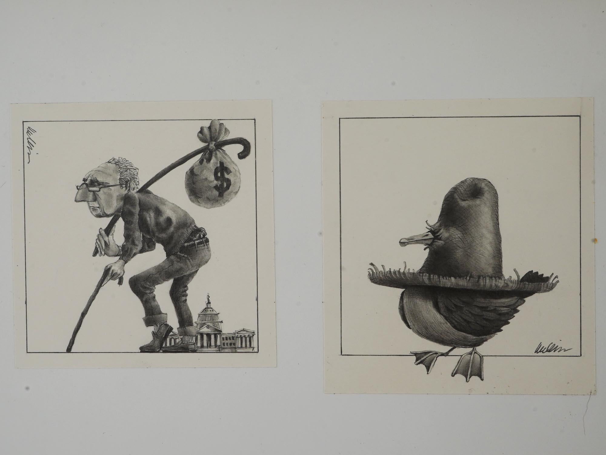J Michael McGinn, Art Pencil Drawings 1970s, USA Political Caricature, Fortune Magazine, Sheldon Cotler for the Keeping Up, Small Vignettes