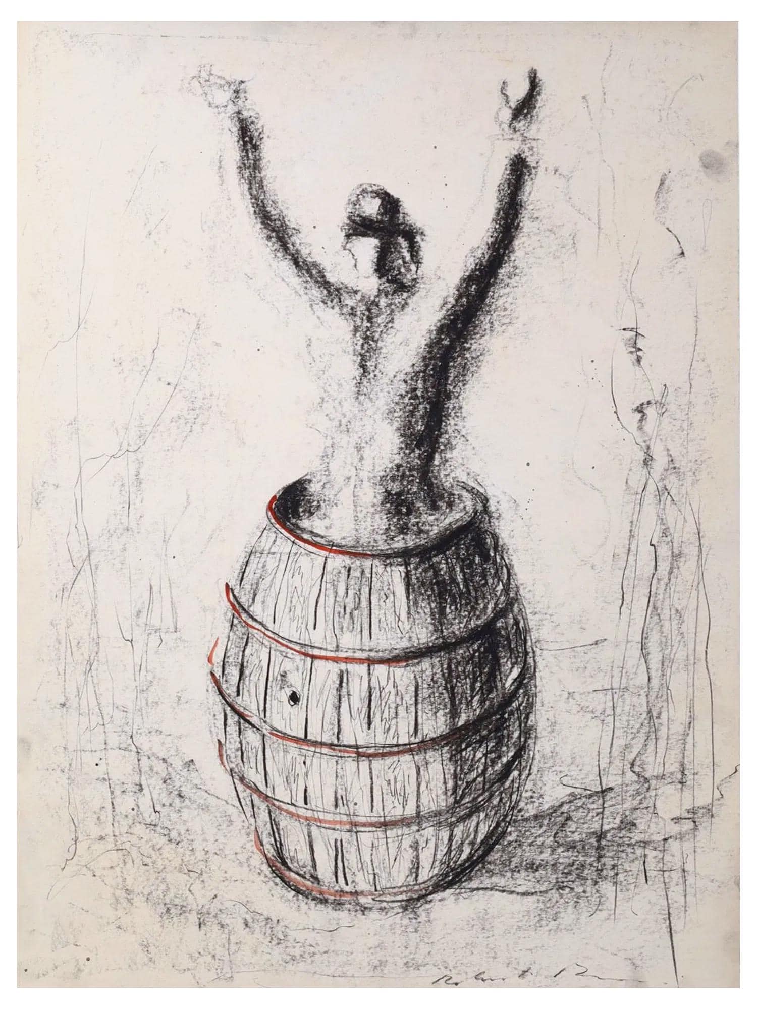 Bankruptcy Barrel, A Mixed Media Artwork By The Italian Artist Roberto Barni, Black Pastel On Paper, Hand Signed, European Social Art